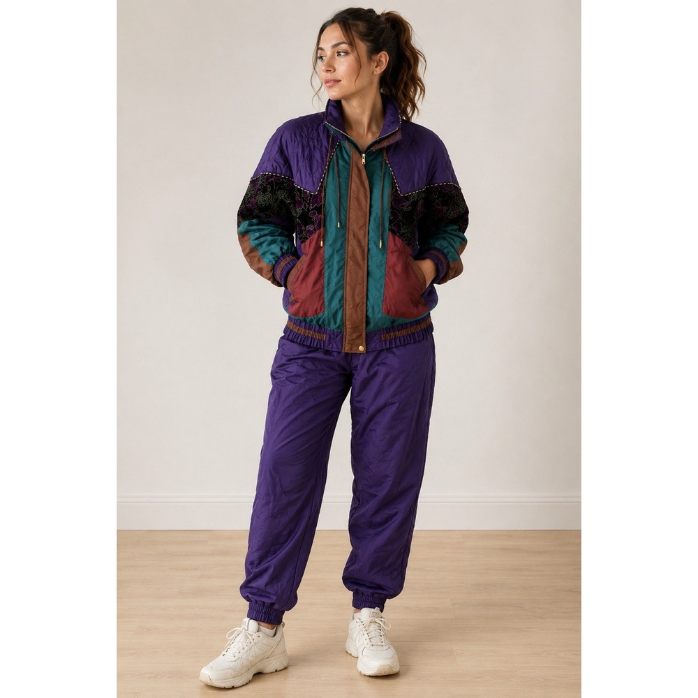 Vintage Nylon Tracksuit Women L Purple Quilted Velvet Floral Shimmer Windbreaker